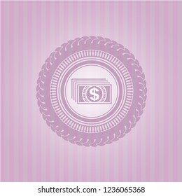 money icon inside retro style pink emblem