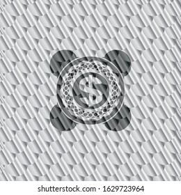 money icon inside shiny silver badge. Scales pattern. Vector Illustration. Detailed.