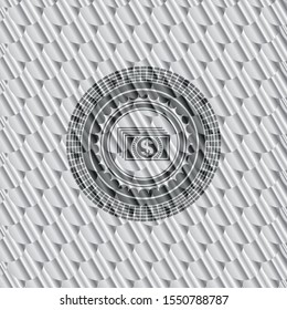 money icon inside silver color badge. Scales pattern. Vector Illustration. Detailed.