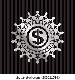 money icon inside silver emblem or badge. 