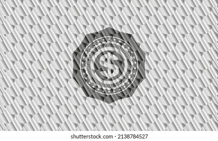 money icon inside silver shiny badge. Scales pattern. Vector Illustration. Detailed. 