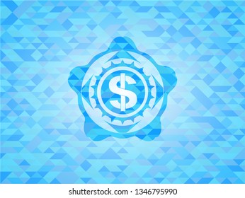money icon inside sky blue emblem with mosaic background