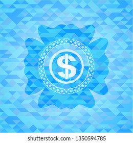 money icon inside sky blue emblem with mosaic ecological style background