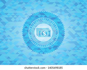 money icon inside sky blue emblem with mosaic background