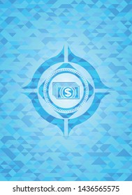 money icon inside sky blue emblem. Mosaic background