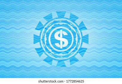 money icon inside sky blue water wave emblem background. 