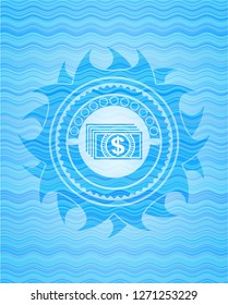 money icon inside water concept style badge.