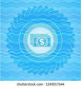 money icon inside water representation style emblem.