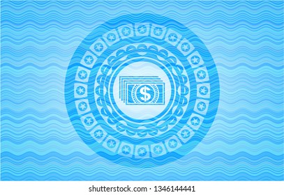 money icon inside water representation badge background.