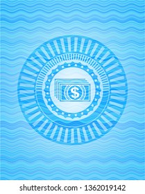 money icon inside water representation badge background.
