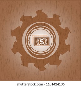 money icon inside wooden emblem. Retro
