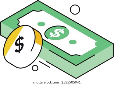 A money icon in isometric style, representing cash flow, financial wealth, and effective currency management.