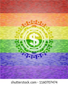 money icon on mosaic background with the colors of the LGBT flag