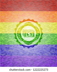 money icon on mosaic background with the colors of the LGBT flag