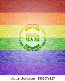 money icon on mosaic background with the colors of the LGBT flag