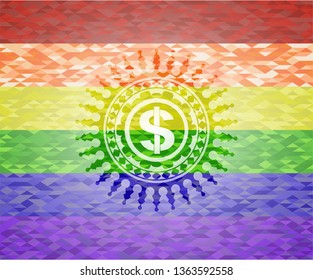 money icon on mosaic background with the colors of the LGBT flag