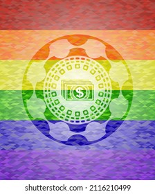 money icon on mosaic background with the colors of the LGBT flag. 
