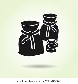 Money icon. Sacks of coins. Currency symbol. Black silhouette on light green background with shadow. Flat design. Vector isolated