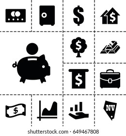 Money icon. set of 13 filled moneyicons such as credit card, vegas, case, money tree, graph on hand, gold bar, crown, graph, dollar, piggy bank, safe, dolar growth