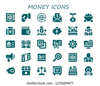  money icon set. 30 filled money icons. Simple modern icons about  - Safebox, Coin, Travel, Money, Growth, Trolley, Bitcoin, Wallet, Vector, Piggy bank, Graphic, Croupier, Gift card