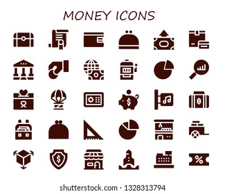 money icon set. 30 filled money icons.  Simple modern icons about  - Treasure, Certificate, Billfold, Purse, Money, Payment, Courthouse, Coin, Economy, Slot machine, Graph, Statistics