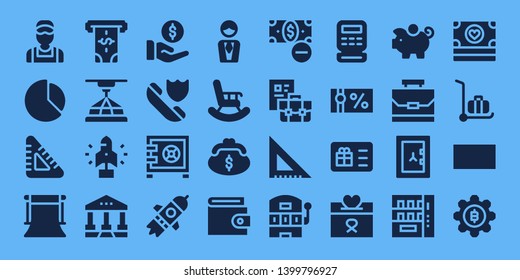 money icon set. 32 filled money icons. on blue background style Simple modern icons about  - Clerk, Chart, Set square, Background, Atm, 3d, Startup, Courthouse, Payment, Insurance