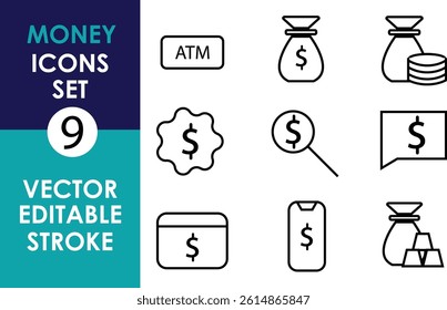 Money icon set with 9 editable vector line icons: ATM, money bags, coins, price tag, magnifying glass, dollar symbol, wallet, and savings