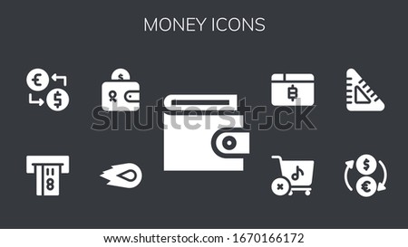 money icon set. 9 filled money icons. Included Wallet, Media fire, Atm, Money exchange, Exchange, Set square, Store, Bitcoin icons