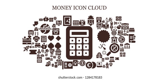  money icon set. 93 filled money icons. Simple modern icons about  - Calculator, Slot machine, Piggy bank, Safebox, Vector, Chinese, Coin, Euro, Cards, Card, Startup, Chest, Money