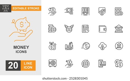 Money icon set. Banking, finance, currency, payment and more line icon. Editable stroke icon.