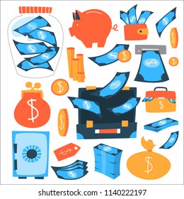 Money icon set. Beautiful banking stickerpack with currency, coins, banknotes and other financial equipment. Abstract flat vector illustration