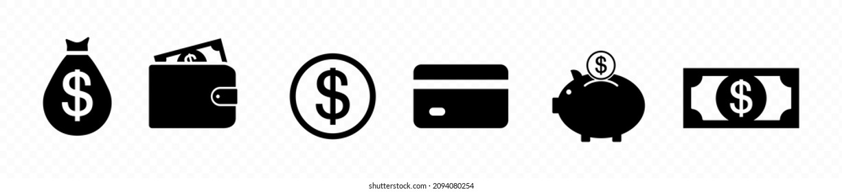 Money icon set in black. Credit card, wallet, coin icon. Vector line icon for Business and Advertising.