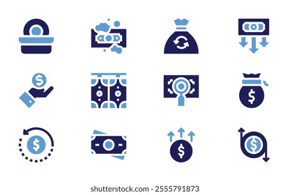 Money icon set. Bold style. Duotone colors. value, money, dollar, increase, bag, management, money laundering, save.