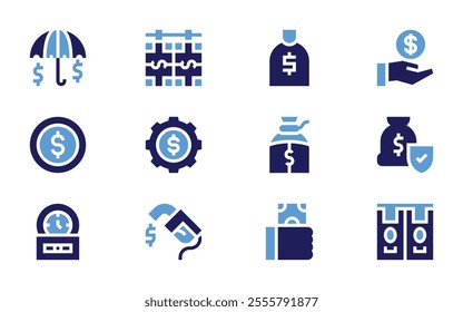 Money icon set. Bold style. Duotone colors. savings, insurance, bag, coin, money laundering, save, time is money, flow.