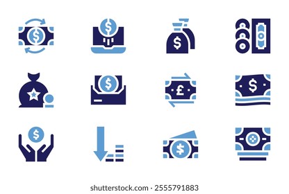 Money icon set. Bold style. Duotone colors. save, flow, online money, money, loss, bag.