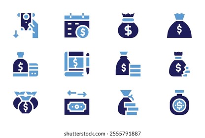 Money icon set. Bold style. Duotone colors. pay day, book keeping, money bag, money withdrawal, money exchange.