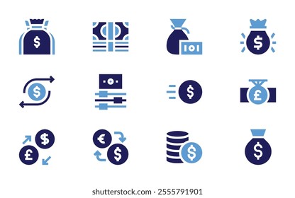 Money icon set. Bold style. Duotone colors. money, coin, bag, transaction, money icons, management, exchange, money flow.