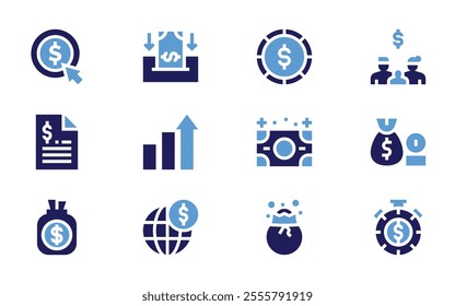 Money icon set. Bold style. Duotone colors. deposit, money, family economy, coin, pay per click, financial, money bills, money bag.