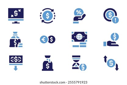 Money icon set. Bold style. Duotone colors. coin, funding, exchange, transfer, money flow, bag, loss, save, money.