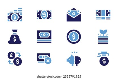 Money icon set. Bold style. Duotone colors. coin, profits, no savings, bag, exchange, no money.