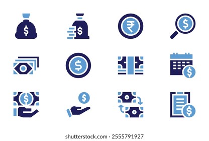 Money icon set. Bold style. Duotone colors. assets, search, money, salary, coin, money bag, cost, rupee, money exchange.