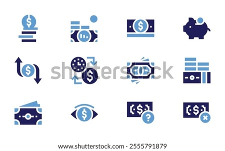 Money icon set. Bold style. Duotone colors. save, money, no money, time is money.