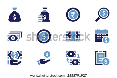 Money icon set. Bold style. Duotone colors. assets, search, money, salary, coin, money bag, cost, rupee, money exchange.