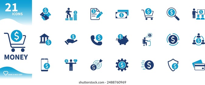 Money icon. Set of coin, finance, banking, work, business, spending, people icons. Solid vector icons collection