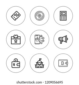 Money icon set. collection of 9 outline money icons with coin, calculator, coupon, donation, government, marketing, online shopping icons. editable icons.