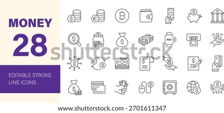 Money icon set. Containing payment, credit card, ATM, purchase, bill, coins in hand, wallet, bank, pay, dollar, Eurodollar, bitcoin and more. Editable line icons. Vector illustration.