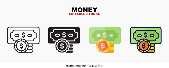 Money icon set with different styles. Icons designed in filled, outline, flat, glyph and line colored. Editable stroke and pixel perfect. Can be used for web, mobile, ui and more.