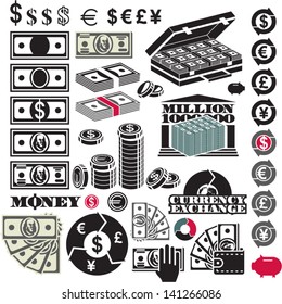 Money icon set. Dollar bill. Million. Currency icons.