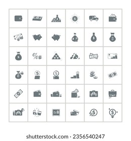 Money icon set with dollar bill, coin, money stack, wallet, banknote finance symbols.