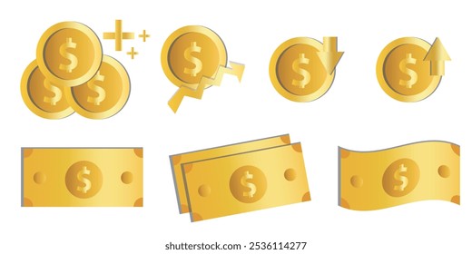 Money icon set with dollar coin icon 3d rendering vector illustration simple solid style,dollar low,down,up with arrow,finance,buisiness illustration